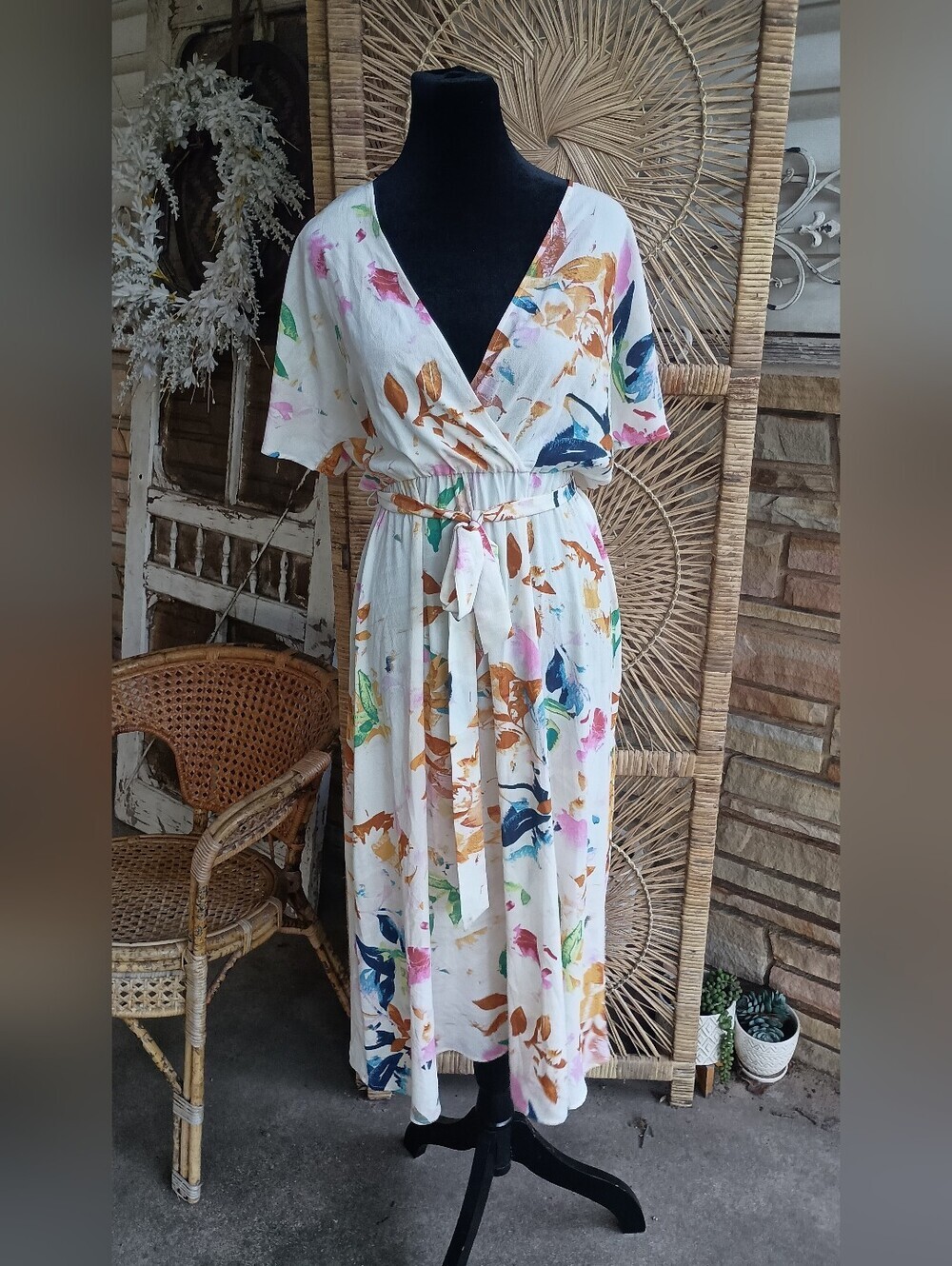 Chaus New York White Floral Wrap Midi Dress with Multicolor Print_S